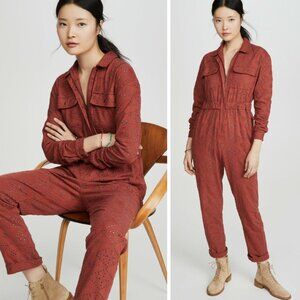 NEW Free People Set The Tone Coveralls Rust Combo Eyelet Embroidered Cottagecore